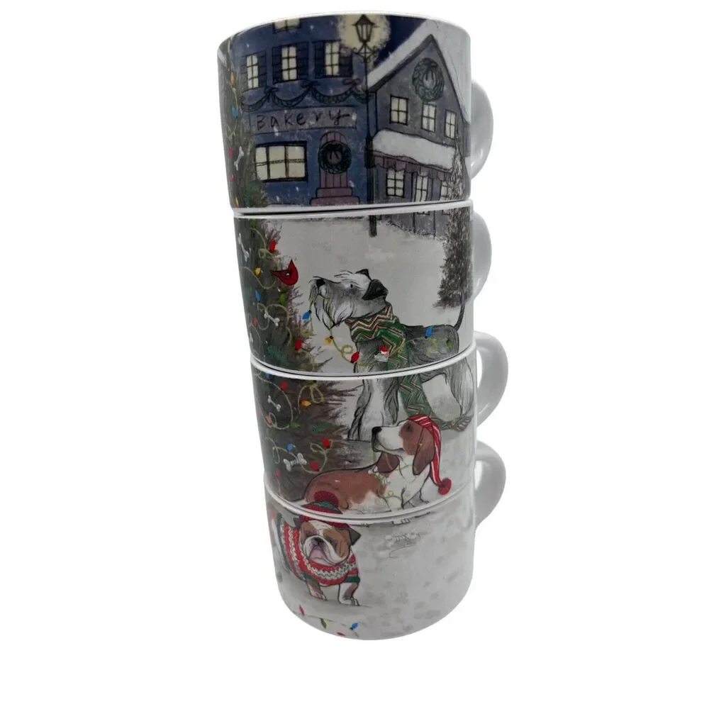 Pier 1 Holiday Christmas Mugs w Stand Basset Hounds Cats Bulldog